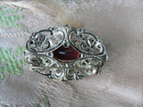 LOVELY Vintage Czech Glass and Filigree Brooch Ruby Red Faceted Stone Gold Tone Filigree Pin Day or Evening Brooch Collectible Vintage Pins