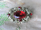 LOVELY Vintage Czech Glass and Filigree Brooch Ruby Red Faceted Stone Gold Tone Filigree Pin Day or Evening Brooch Collectible Vintage Pins