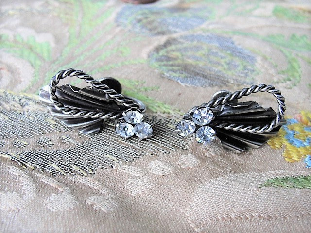 STRIKING Vintage Signed Continental Earrings, Screw Back Earrings Silver Tone and Sparkling Crystal Rhinestones Vintage Collectible Jewelry