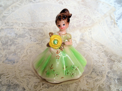 SWEET Vintage Josef Original August Birthday Girl Figurine, Yellow Rose ,Peridot Gem ,Green Dress ,Birthstone Dolls, Made in Japan