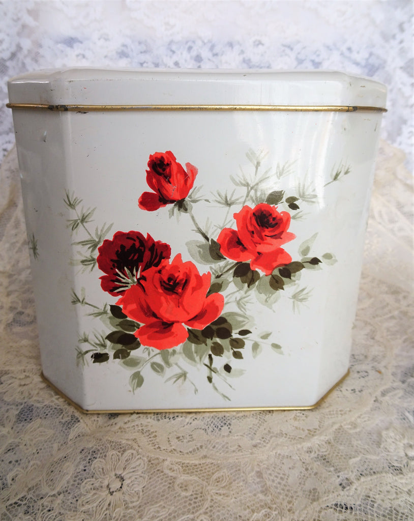 LOVELY Vintage English Biscuit or Candy Tin,Hinged Lid Canister Tin,Pretty Roses,Litho Box,Vintage Tin Boxes,Collectible Mid Century Tins