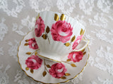 SUMPTUOUS Pink Cabbage Roses Teacup and Saucer, English Bone China, Radfords, Gold Leaves, Collectible Vintage Cups and Saucers