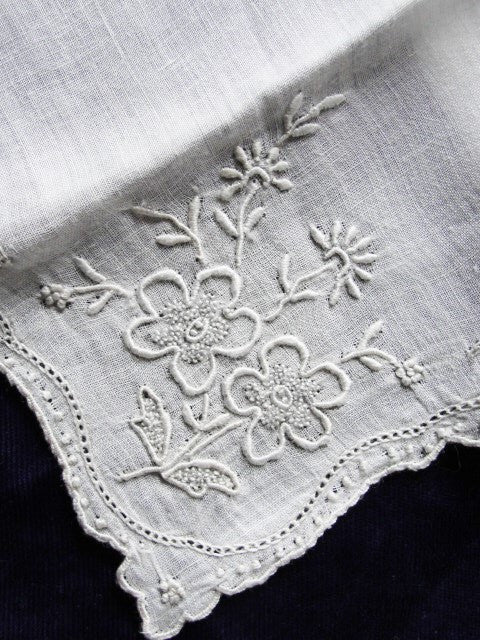 1930s Vintage MADEIRA Hand Embroidered Hankie Handkerchief White Work Seed Embroidery Floral  Wedding Bridal Bridesmaids Special Hanky
