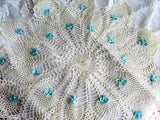 AMAZING Huge Doily or Centerpiece, Vintage Hand Crocheted Beautiful Table Topper Creamy White Applied BLUE Ribbons and Pearls, Unique Doilies