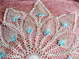 AMAZING Huge Doily or Centerpiece, Vintage Hand Crocheted Beautiful Table Topper Creamy White Applied BLUE Ribbons and Pearls, Unique Doilies