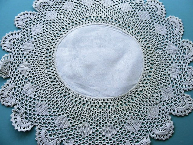 BEAUTIFUL Antique Large Doily Center Piece Intricate Hand Crochet Lace and Pansies Damask Irish Linen Center Fine Vintage Linens
