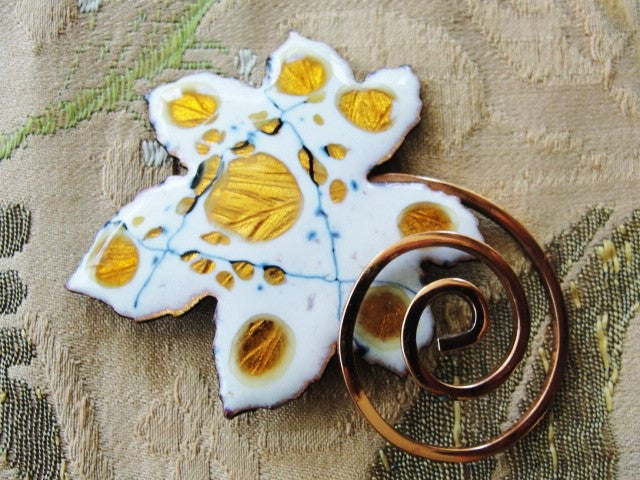 AMAZING Eames Era Matisse Renoir Copper White Enamel Leaf Brooch Pin FAB Vintage Costume Jewelry