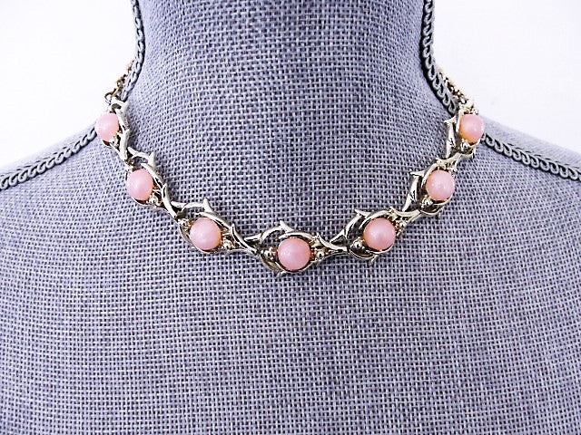 LOVELY 1950s Pink Moon Glow Thermoplastic and Gold Tone Metal Necklace Wear or Collect Vintage Costume Jewelry