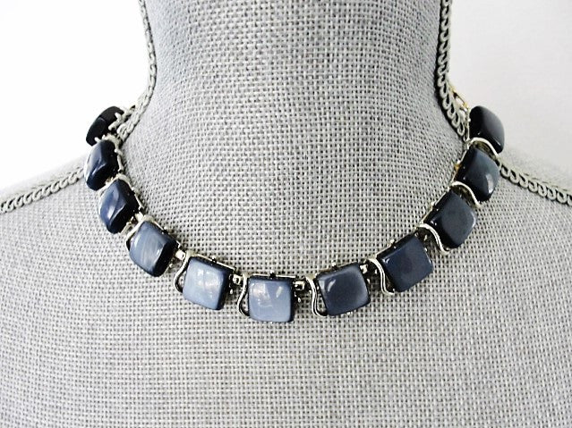 BEAUTIFUL 1950s Signed Designer CORO Grey Blue Moon Glow Thermoplastic and Silver Tone Metal Necklace Wear or Collect Vintage Costume Jewelry
