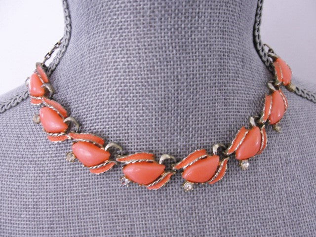 BEAUTIFUL 1950s Coral Luminous Thermoplastic and Gold Tone Metal Necklace Wear or Collect Vintage Costume Jewelry