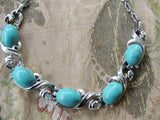 FABULOUS 1950s Mid Century Turquoise Glass Stones and Silver Tone Metal Necklace Collectible Vintage Jewelry
