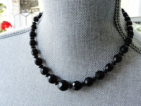 GLITTERING Vintage Black Glass French Jet Bead Necklace Gorgeous Faceted Beads Vintage Costume Jewelry