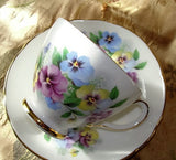 CHARMING Pansy Flowers Teacup and Saucer Delphine English Bone China Sweet Pansies Vintage Cup and Saucer Tea Time China