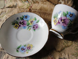 CHARMING Pansy Flowers Teacup and Saucer Delphine English Bone China Sweet Pansies Vintage Cup and Saucer Tea Time China