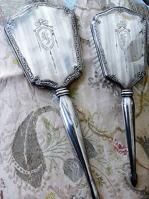 Elegant Antique Edwardian Sterling Silver Vanity Set Hand Mirror and Brush Bows Roses and Engraved Stripes Perfect Gift or Add To Silver Collection