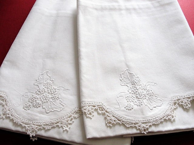 Antique BEAUTIFUL Pair of Pillowcases Lace Edged WhiteWork Hand Embroidery Chic Cottage Romantic Home Fine Vintage Linens