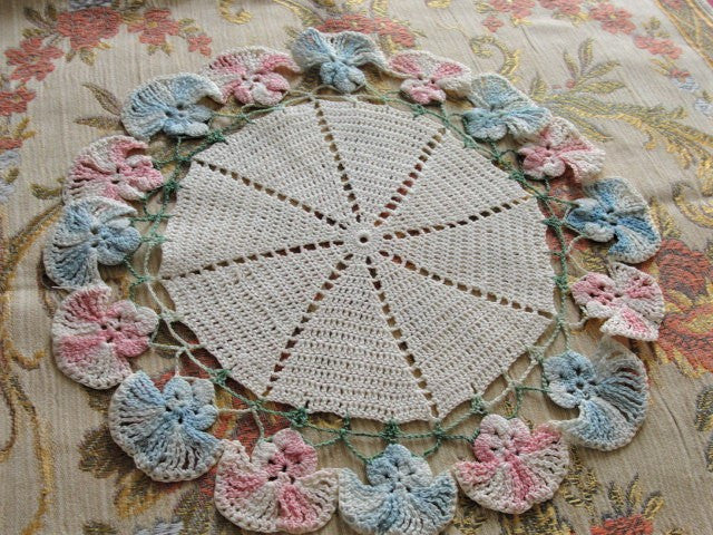 Vintage 1940s PRETTY Pink Blue Figural Flowers Hand Crocheted Lace Doily Centerpiece Table Topper Decorative Shabby Chic Romantic Cottage Decor