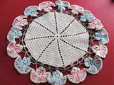 Vintage 1940s PRETTY Pink Blue Figural Flowers Hand Crocheted Lace Doily Centerpiece Table Topper Decorative Shabby Chic Romantic Cottage Decor
