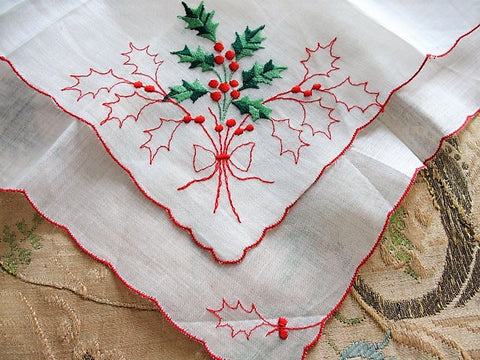 Vintage HOLIDAY Decor Novelty Handkerchief Hanky Hankie HollyBerry Christmas Hankies Xmas HollyBerries Colorful Winter Hanky Holiday Decor