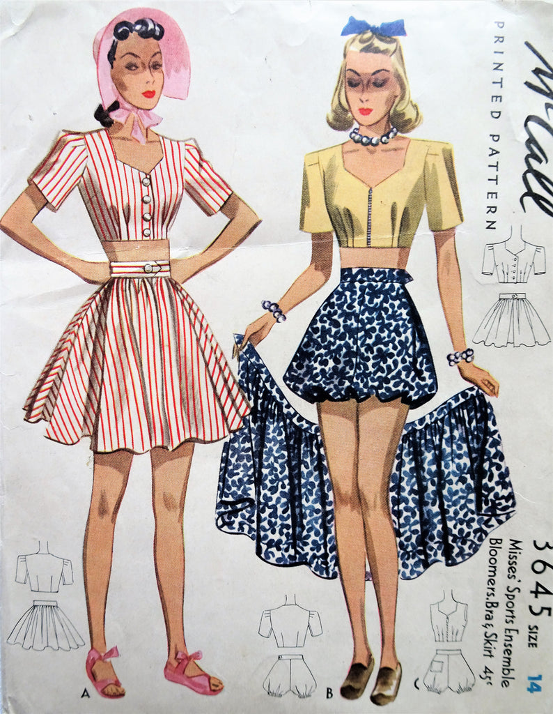CUTE 1940s Play Suit Beach Wear Pattern McCALL 3645 Midriff Top,Bloomer Shorts and Skirt, Bust 32 Vintage Sewing Pattern