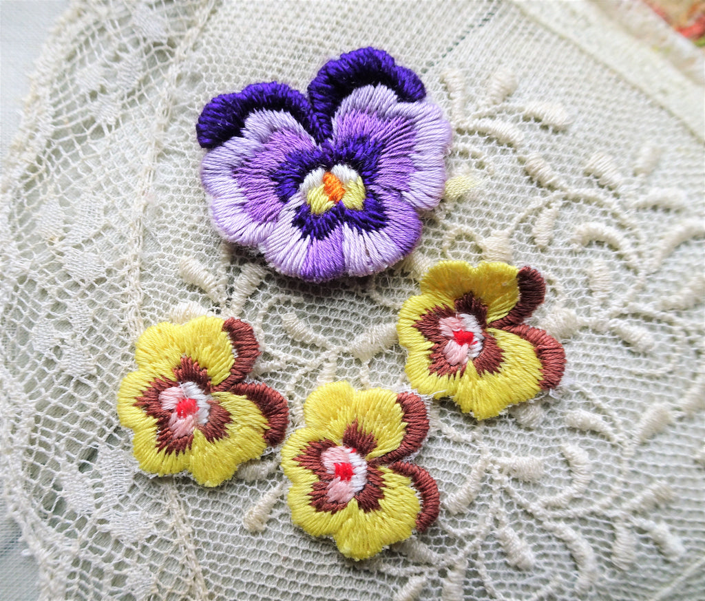 RESERVED BEAUTIFUL Vintage Pansy Flowers Appliques, Embroidered Pansies, Lovely Floral Appliques, Heirloom Sewing, Journals, Collectible Textiles