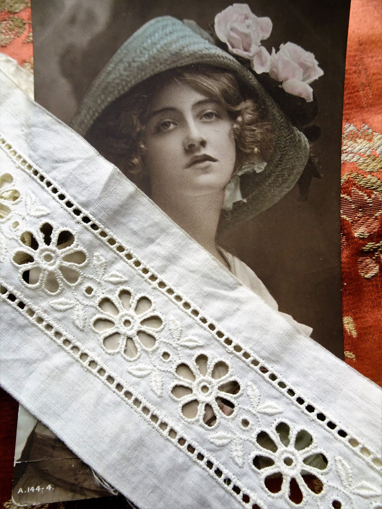 LOVELY Antique French White On White Edwardian Embroidered Trim For Dresses,Dolls, Christening Gowns, Bonnets, Bridal Weddings, Antique Lace Trim