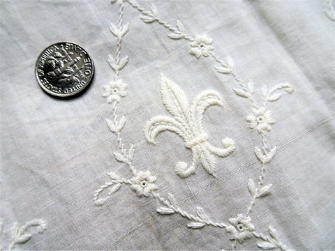 Antique French White On White Embroidered Fleur-de-lis Flounce Trim,Heirloom lace,For Dolls Christening Gowns Bridal, Journals, Fine Crafts,Collectible Vintage Lace