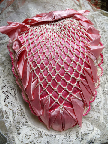PRETTY Vintage Pin Cushion, Heart Shape Pink Satin and Crochet, Sewing Room Décor, Collectible Pincushions