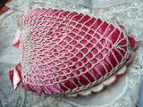 PRETTY Vintage Pin Cushion, Heart Shape Pink Satin and Crochet, Sewing Room Décor, Collectible Pincushions