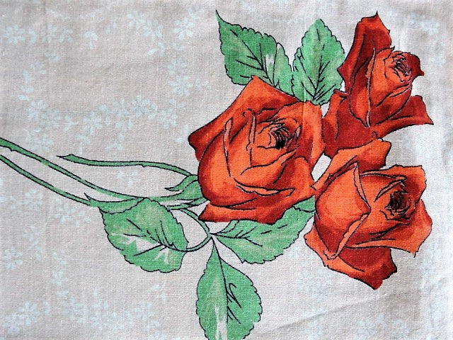 50s Beautiful VINTAGE Printed Red ROSES Hanky Colorful Floral Handkerchief To Frame Collectible Hankies Shabby Chic Hankies To Collect