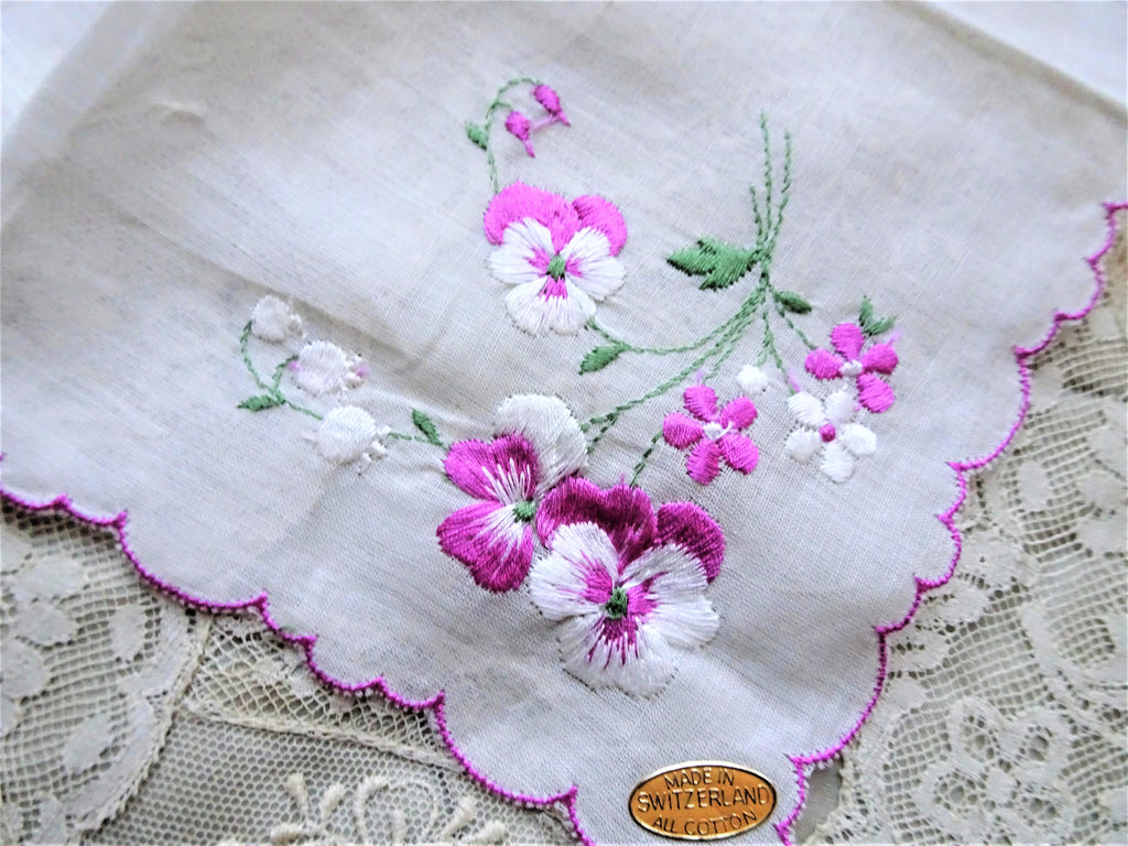 RESERVED BEAUTIFUL Vintage Embroidered SWISS Floral Handkerchief Hanky Sweet Pansy Flowers, Pansies Special Bridal Wedding Hankie, Collectible Hankies
