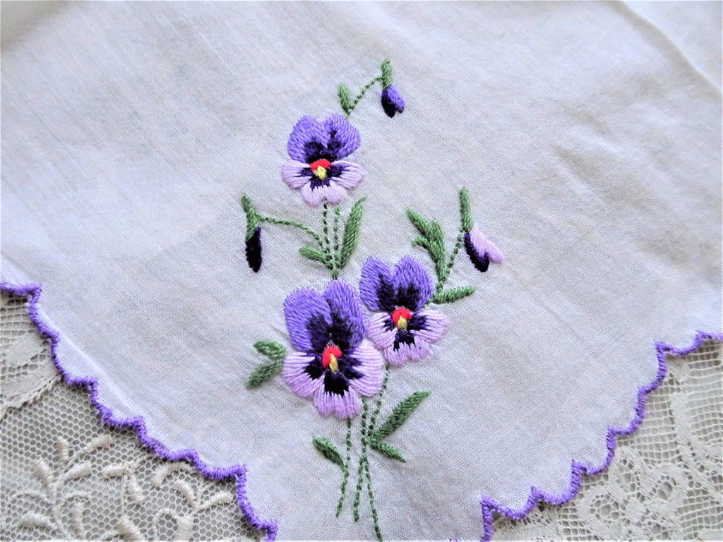 RESERVED LOVELY Vintage Embroidered SWISS Floral Handkerchief Hanky Sweet Pansy Flowers, Pansies Special Bridal Wedding Hankie, Collectible Hankies