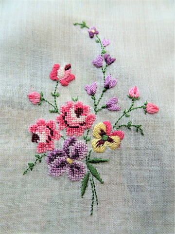 RESERVED GORGEOUS Vintage Petit Point Handkerchief Hanky , Roses and Pansies,Lovely Workmanship Hankie, Hand Embroidery,Perfect For Bride, Collector of Vintage Hankies