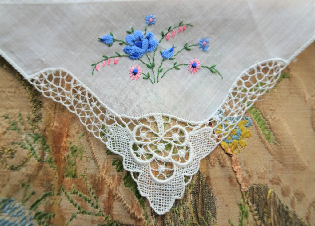 BEAUTIFUL Vintage Swiss Hand Embroidered Hanky, Blue and Pink Flowers, Bobbin Lace Corner,Bridal Handkerchief,Hankie,Never Used,Collectible Vintage Hankies