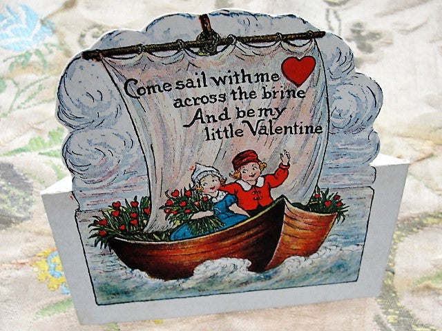 SWEET 1930s Dutch Girl Boy Ship VALENTINE Card Vintage Valentines Day Greeting Card