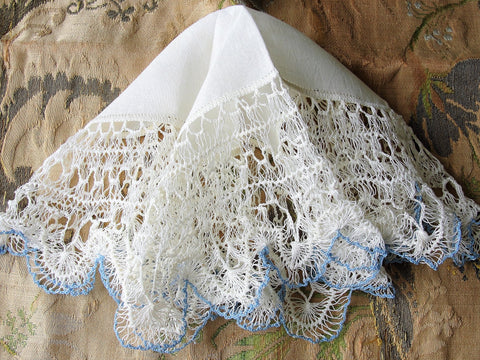 GORGEOUS Antique Hanky, Linen and Hairpin Lace Edge Fancy Bridal Handkerchief, White and Blue Lace Hankie, Collectible Lace Hankies