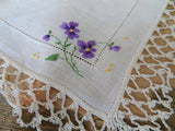 RESERVED LOVELY Vintage Linen and Lace Hanky,Handkerchief, Purple Pansy Flowers,Hand Embroidered Hankie,Collectible Vintage Hankies
