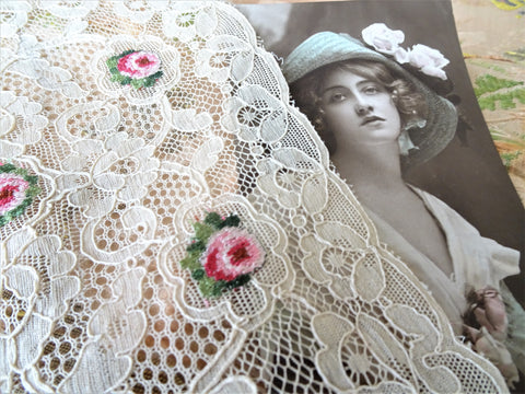VINTAGE French Lace Centerpiece,Doily,Tray Cloth,Embroidery on Netted Lace, Embroidered Rose Inserts,French Chateau Decor