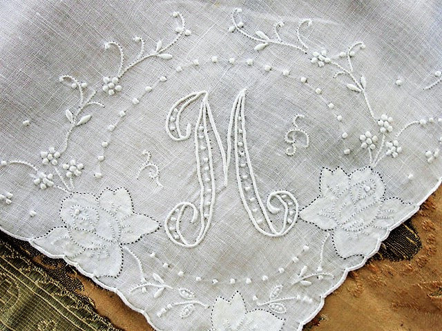 Breathtaking Vintage Madeira Monogram M BRIDAL WEDDING HANDKERCHIEF Heavily Encrusted Embroidery Work Hankie Bridal Hanky Vintage Hankies