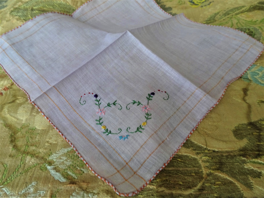PRETTY French Art Deco Embroidered Hanky,Sweet Flowers on Lilac Linen, Flapper Era Hankie,Lovely Vintage Handkerchief, Collectible Vintage Hankies