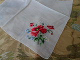 RESERVED EXCEPTIONAL Floral Embroidered Hankie,Vintage Handkerchief,Poppy Flowers Embroidery,Wedding Bridal Hanky Gifts,Collectible Hankies