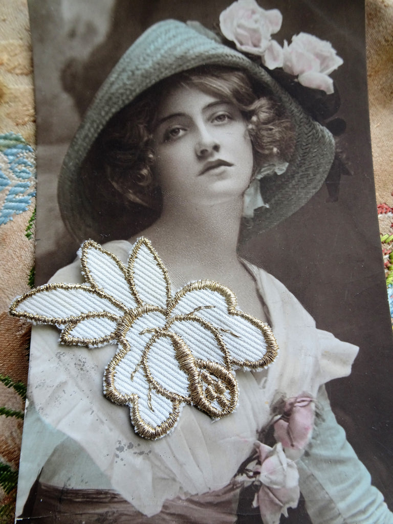 RESERVED BEAUTIFUL Vintage FRENCH Applique Rich Gold Metallic Embroidery Flower For Fine Sewing,Crafts, Projects, Flapper Hats ,Clothing Gatsby Era