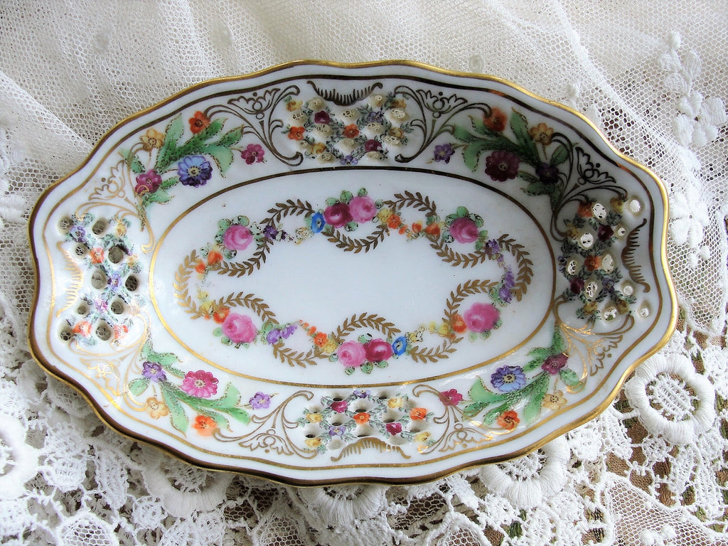 BEAUTIFUL Small Schumann Dresden Pierced Trinket China Dish, Colorful Flowers, Decorative Porcelain, US Zone Germany, Collectible Dresden