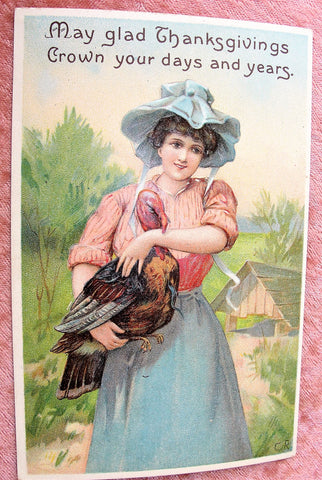 BEAUTIFUL Antique Thanksgiving Day Embossed Postcard,Lovely Lady Holding Turkey,International Art Co, Rich Graphics, Decorative Postcards, Farmhouse Decor