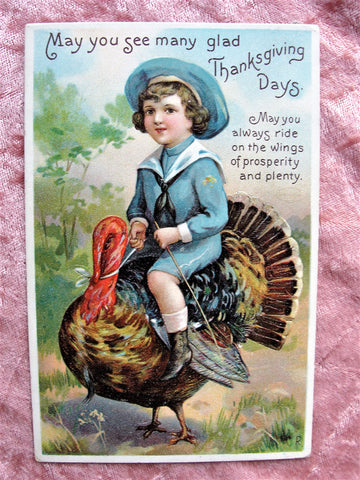 BEAUTIFUL Antique Thanksgiving Day Embossed Postcard,Little Boy Riding Turkey,International Art Co, Rich Graphics, Decorative Postcards, Farmhouse Decor