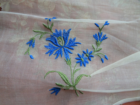 RESERVED Antique Organdy Fabric,Salesmans Sample,Blue Flowers Embroidered on Organza ,For Heirloom Sewing, Fine Craft Projects,Collectible Vintage Fabrics