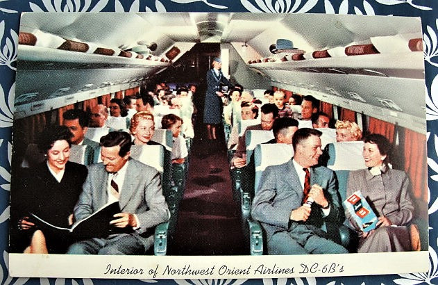VINTAGE Postcard 1950s Interior of NORTHWEST ORIENT Airlines DC-6B Airplane Colorful Postcard Never Used Collectible Vintage Postcards