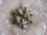 LOVELY Vintage Snowflake Shape Brooch Pin Gold Metal and Aquamarine Color Rhinestones Three Layer Broach Collectible Vintage Costume Jewelery
