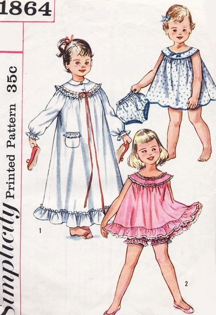 SWEET 1950s Girls Nightgown, Baby Doll Shortie PJs with Panties Sleepwear Pattern Simplicity 1864 Size 5 Vintage Sewing Pattern