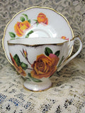 BEAUTIFUL Vintage Teacup and Saucer Queen Anne English Bone China Lush Peach Roses Anniversary Rose Vintage Cup and Saucer Tea Time China Collectible Cups and Saucers